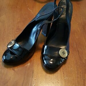 Tory Burch Black Patent Leather Slingback Heels with Logo Button